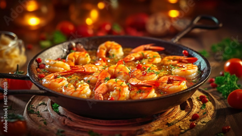 Fried or grilled shrimp with garlic  tomato  spices and oil