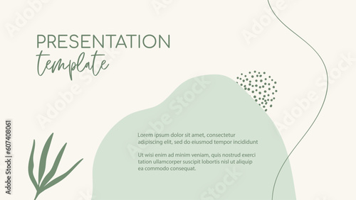 Presentation organic green template. Natural floral green minimal vector background with organic shapes, lines, leaf