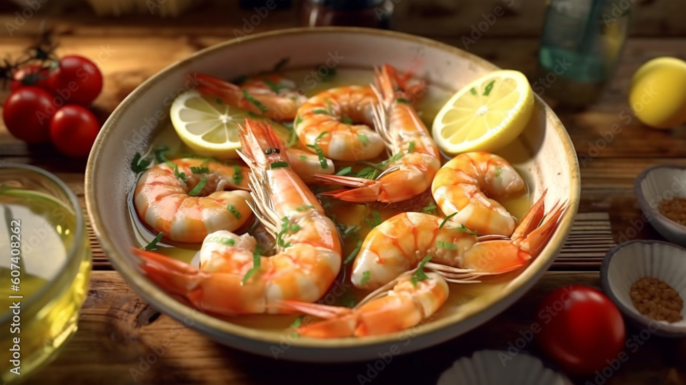 Fried or grilled shrimp with garlic, spices and oil Fried or grilled shrimp with garlic, spices and oil