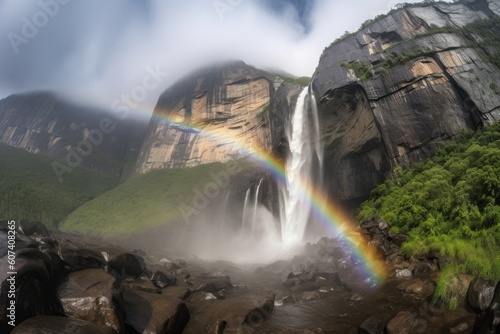majestic waterfall  with mist and rainbows  against a dramatic mountain backdrop  created with generative ai