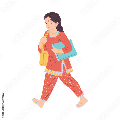 Indian girl in traditional dress goes to school, vector illustration isolated.