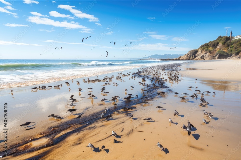 oil spill on sandy beach, with seagulls and pelicans flying overhead, created with generative ai oil spill on sandy beach, with seagulls and pelicans flying overhead, created with generative ai