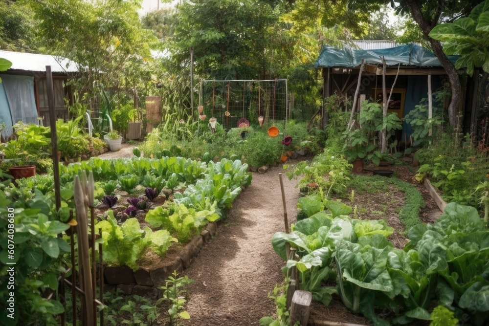 permaculture garden, filled with plants and produce for harvest, created with generative ai