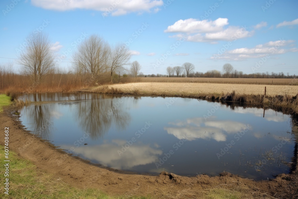 farm pond, with visible black runoff from nearby fields, created with generative ai
