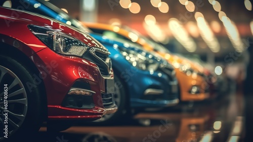 Blurred background of new cars displayed in luxury showroom with light bokeh in motor show event.Generative AI
