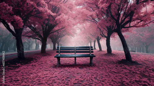 A park bench under some pink leaves surrounded by trees