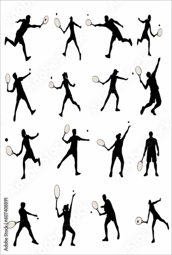 A set of men and women tennis players silhouette on white background. Vector illustration