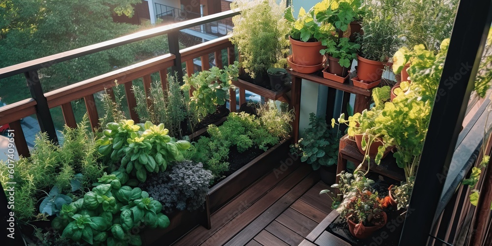 An overhead shot of a small urban balcony garden filled with pots of herbs and vegetables, concept of Vertical gardening, created with Generative AI technology An overhead shot of a small urban balcony garden filled with pots of herbs and vegetables, concept of Vertical gardening, created with Generative AI technology