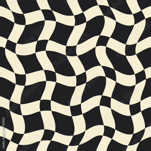 Twisted checkered colorful background. Abstract vector seamless pattern. Retro wavy psychedelic checkerboard