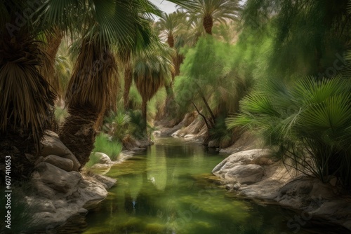 desert oasis with lush greenery and babbling brook  providing a serene escape from the heat of the desert  created with generative ai