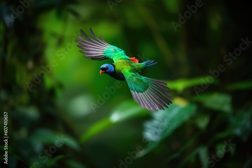 colorful bird flying over lush green forest, created with generative ai