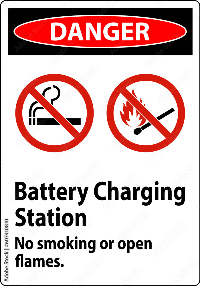 Danger Sign Battery Charging Station, No Smoking Or Open Flames Danger Sign Battery Charging Station, No Smoking Or Open Flames
