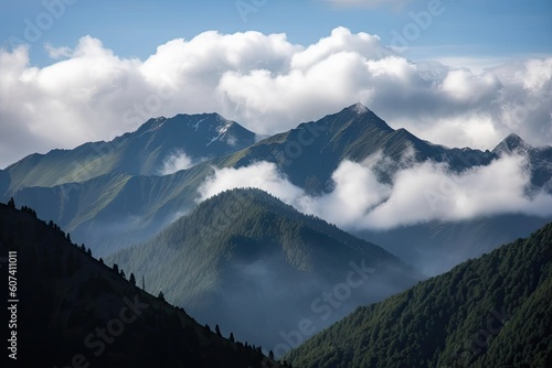 scenic view of mountain range, with clouds rolling past the peaks, created with generative ai