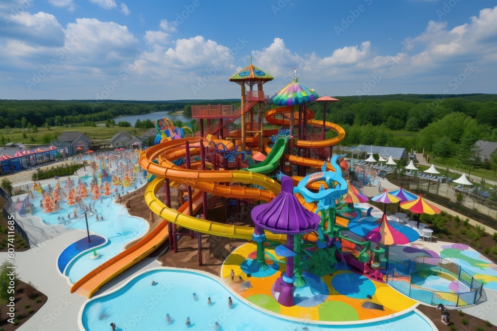 Obraz premium water park with colorful and whimsical water slides, including a massive spiral slide and towering wave slide, created with generative ai