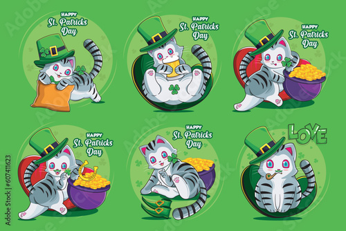 Set of Cats dressed as a leprechaun. Poster St. Patrick's Day vector illustration
