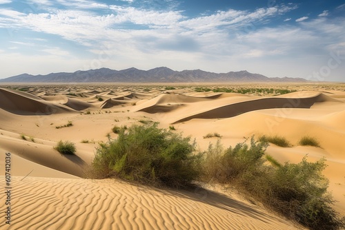 majestic dune with view of the desert oasis in the distance, created with generative ai