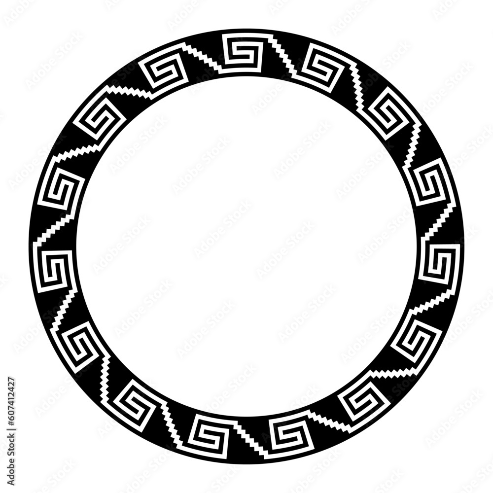 Aztec stepped fret pattern, circle frame with serpent meander motif. Border made of steps, seamless connected to a spiral, similar to Greek key. Also referred to as step fret design or Xicalcoliuhqui.