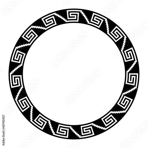 Aztec stepped fret pattern, circle frame with serpent meander motif. Border made of steps, seamless connected to a spiral, similar to Greek key. Also referred to as step fret design or Xicalcoliuhqui.