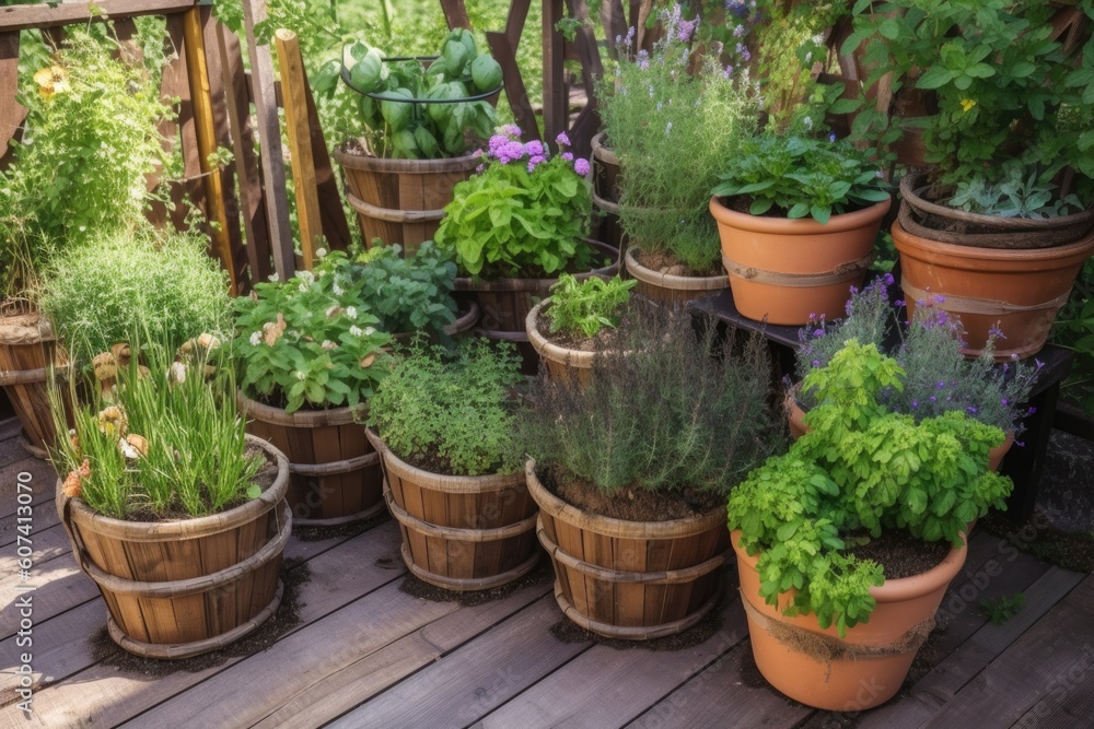 diy garden with stone paths, pots of herbs and hanging baskets, created with generative ai diy garden with stone paths, pots of herbs and hanging baskets, created with generative ai