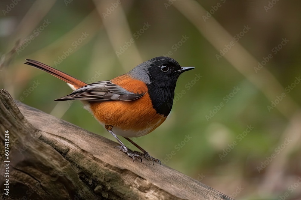 male redstart bird swoops in for close-up shot, created with generative ai male redstart bird swoops in for close-up shot, created with generative ai