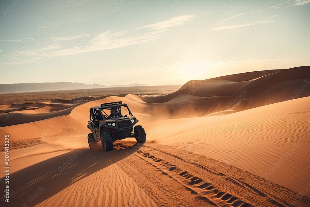off-road vehicle traveling through desert, with endless sand dunes in the background, created with generative ai