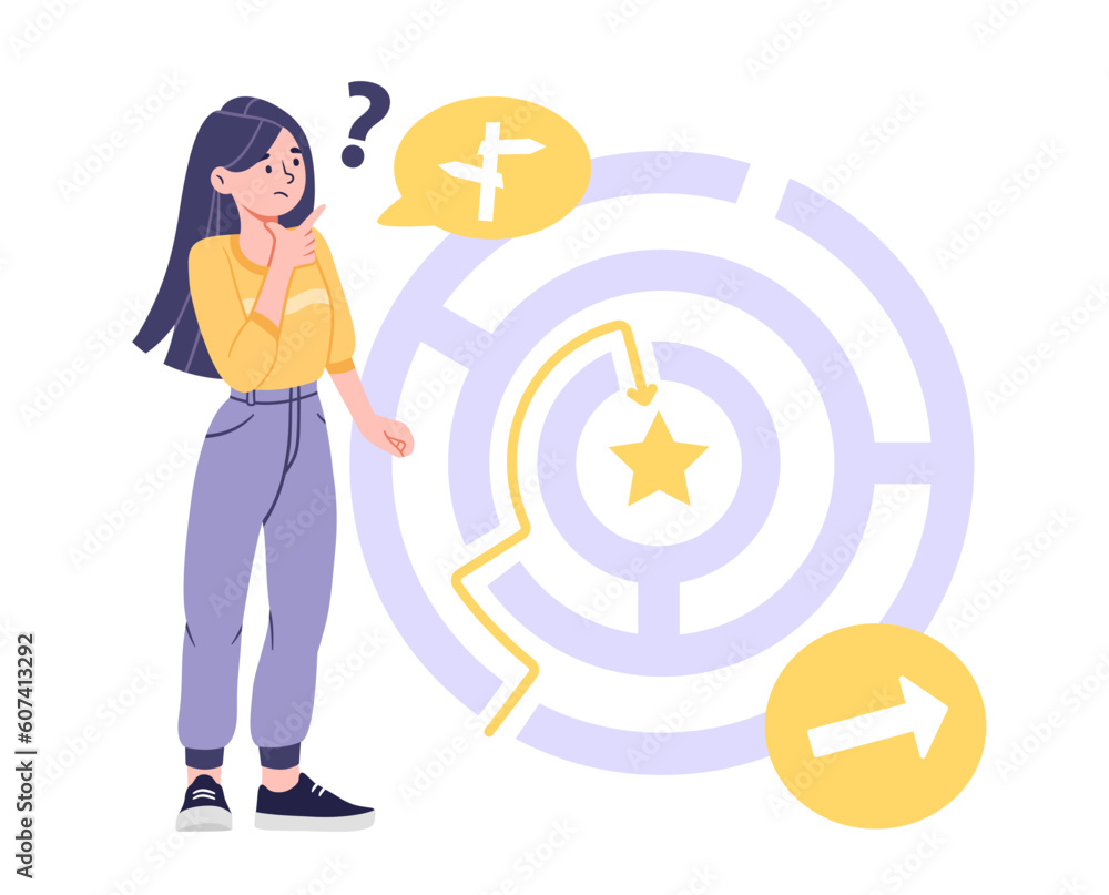 Girl think in choice. Woman looking for way out of maze. Mystery and labyrinth. Thoughtful character makes decision. Girl think in choice. Woman looking for way out of maze. Mystery and labyrinth. Thoughtful character makes decision.