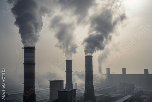 air pollution from factory chimneys, releasing thick black smoke into the atmosphere, created with generative ai © altitudevisual