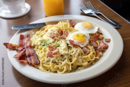 breakfast plate with scrambled eggs, bacon, and spaghettcarbonara, created with generative ai