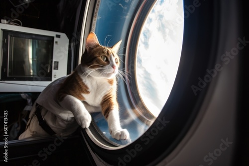 feline astronaut floating in zero gravity  with view of distant planet visible through the window  created with generative ai