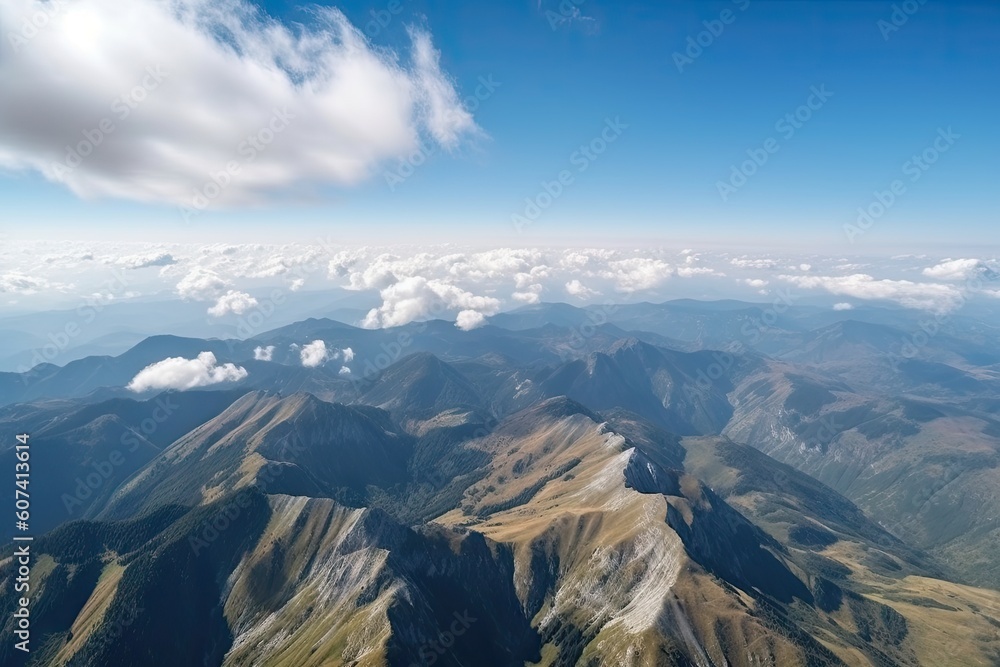 aerial view of majestic mountain range, with clouds and blue skies, created with generative ai