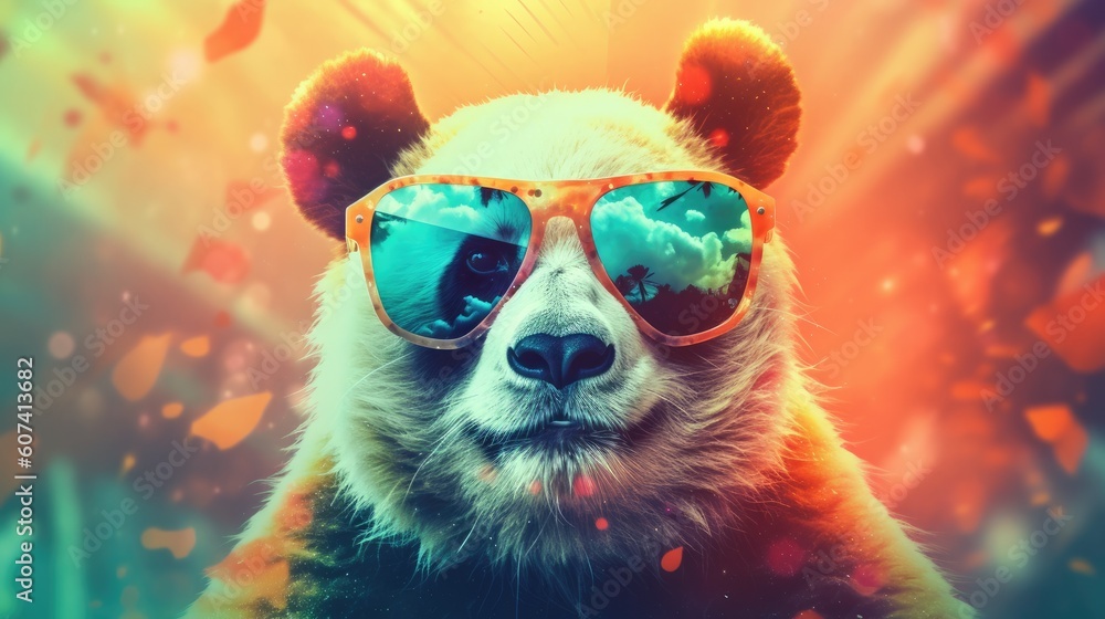 panda bears wearing colorful sunglasses