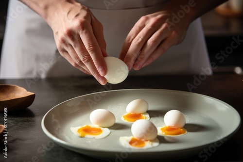 a cook, seasoning a plate of perfectly cooked eggs, ready to be savored, created with generative ai