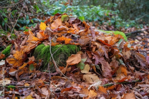 close-up of pile of fallen leaves, with a few still clinging to the shrubbery, created with generative ai