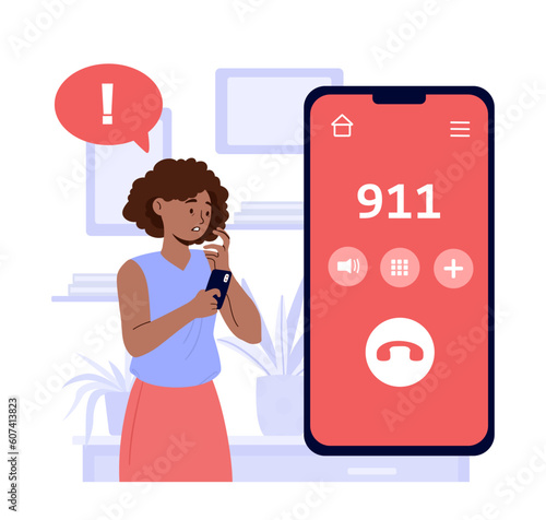 Girls calls 911 concept. Woman with smartphone calling number. Dangerous situations and emergency.