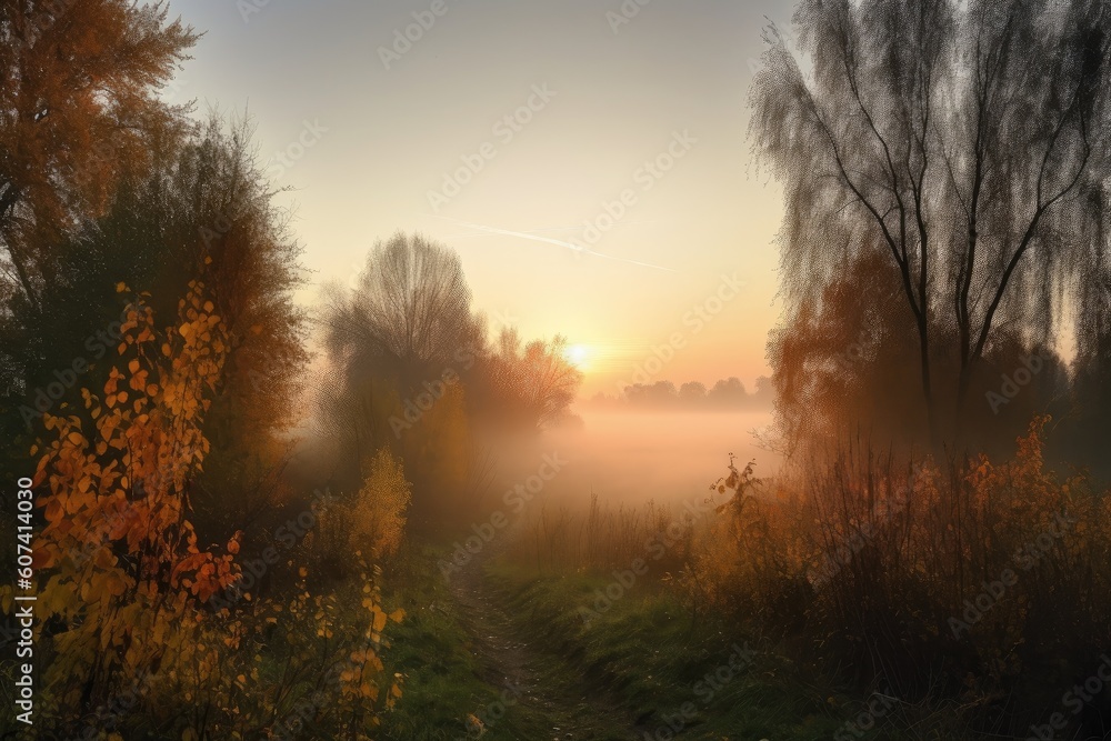 misty autumn morning, with a view of the sun rising over the horizon, created with generative ai