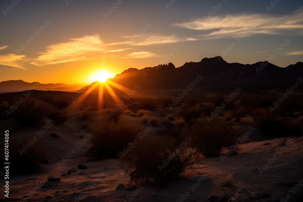 desert sunset, with the sun setting behind dramatic mountain range, created with generative ai