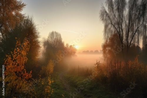 misty autumn morning  with a view of the sun rising over the horizon  created with generative ai