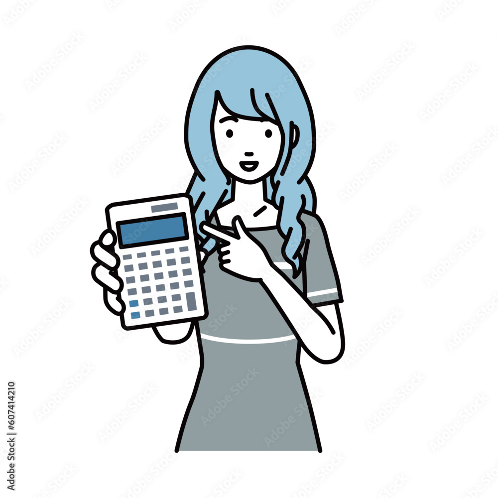 立って電卓を指差してこちらに向けて見せているエステ店員・受付・接客係の女性