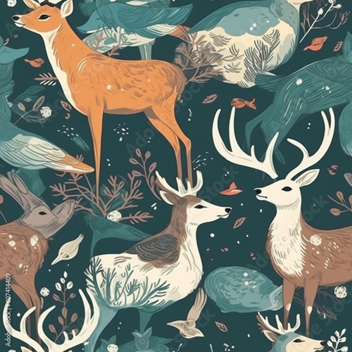 digital winter harmony: deers and birds seamless pattern