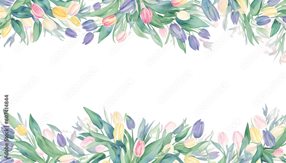 Abstract floral art background with tulips. Botanical watercolor hand drawn flowers paint. Design illustration for wallpaper, banner, print, poster, cover, greeting and invitation card. Generative AI