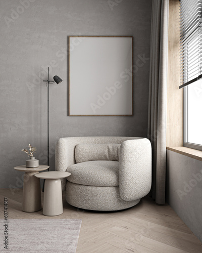 Australian minimalism concept style of livingroom interior design with brown floor and vintage window. Mockup template. 3d rendering. High quality 3d illustration