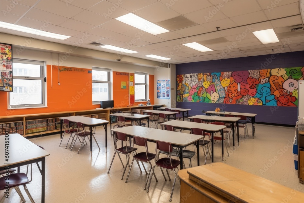empty classroom, with bold and colorful mural on the wall, created with generative ai