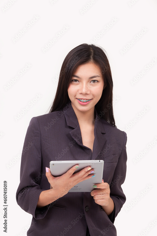 business woman hold tablet on white background business woman hold tablet on white background