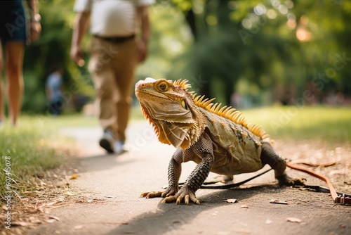 exotic pet with its owner, taking a stroll in the park, created with generative ai