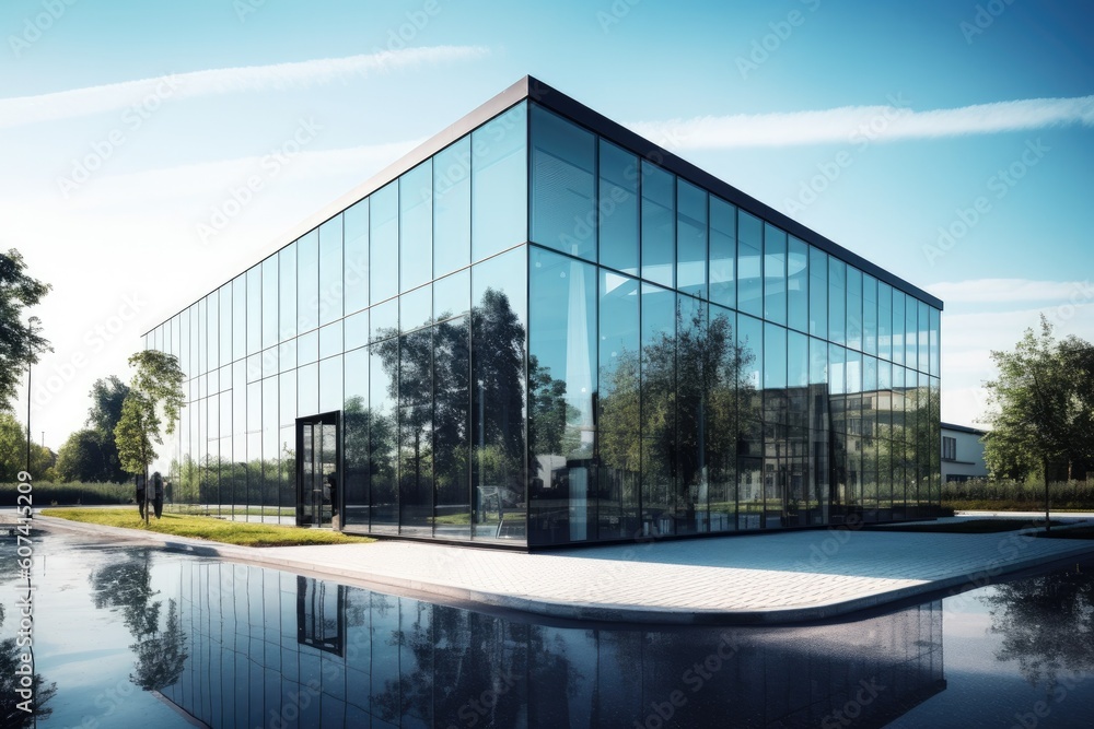 Sleek and contemporary business architecture building with a glass facade, clean lines, and an open layout, representing a modern and professional image - Generative AI