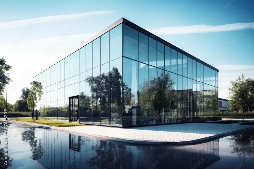 Sleek and contemporary business architecture building with a glass facade, clean lines, and an open layout, representing a modern and professional image - Generative AI Sleek and contemporary business architecture building with a glass facade, clean lines, and an open layout, representing a modern and professional image - Generative AI