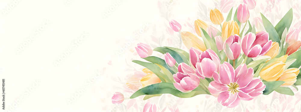 Fototapeta premium Abstract floral art background with tulips. Botanical watercolor hand drawn flowers paint. Design illustration for wallpaper, banner, print, poster, cover, greeting and invitation card. Generative AI