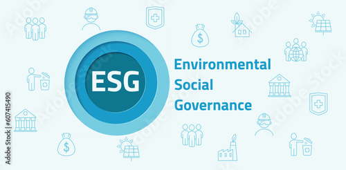 ESG. Environmental, Social and Governance. Banner, vector illustration in a circle on a blue background. The concept of responsible business.
