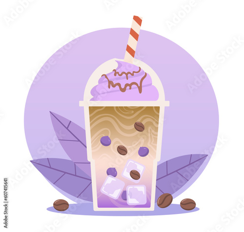 Ice latte concept. Iced coffee in plastic cup with grains. Aroma and beverage. Menu cafe or coffee shop. Summer coffeehouse menu, sweet refreshment. Cartoon flat vector illustration