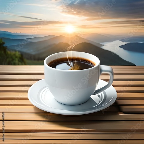 A cup of coffee, radiant in sunset's glow